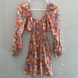 Floral side cutout long sleeve dress